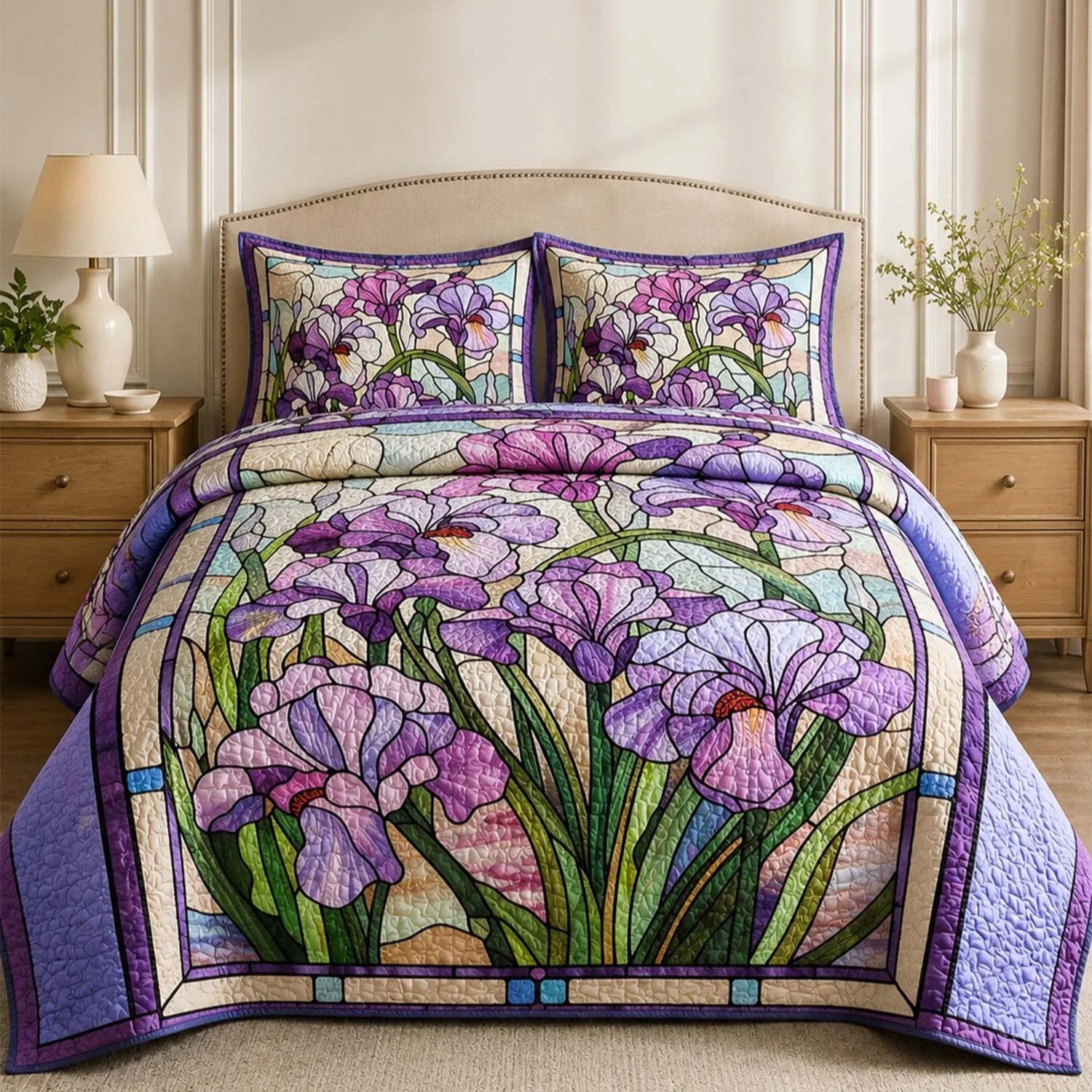 Vintage Stained Glass Garden Quilted Bedding Set VVCLD04