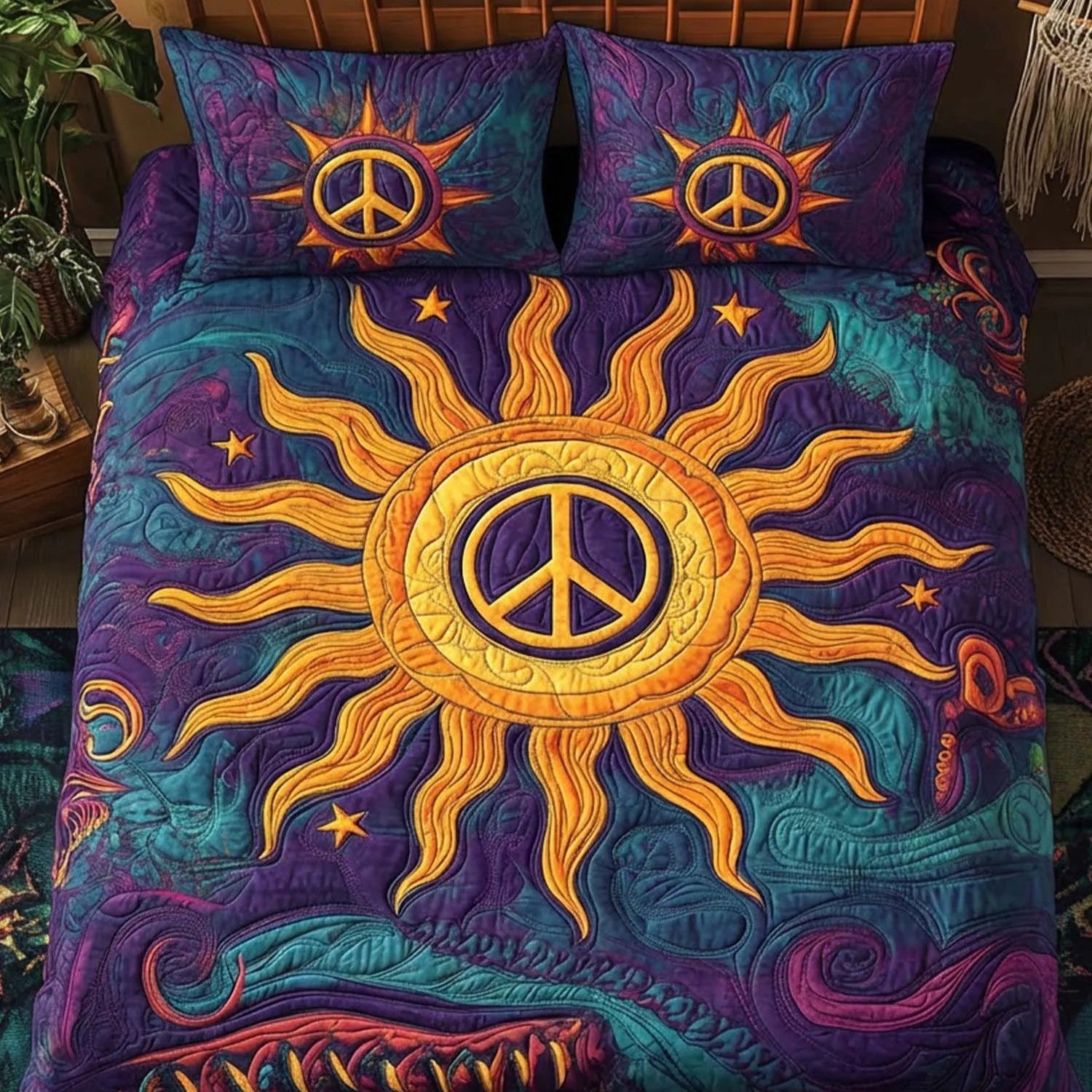 Hippie Peace Flower Quilted Bedding Set VVCLD08