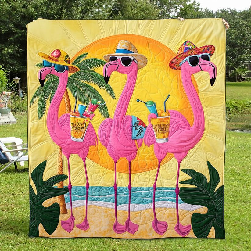 Three Flamingos Beach Quilted Blanket VVCLD03