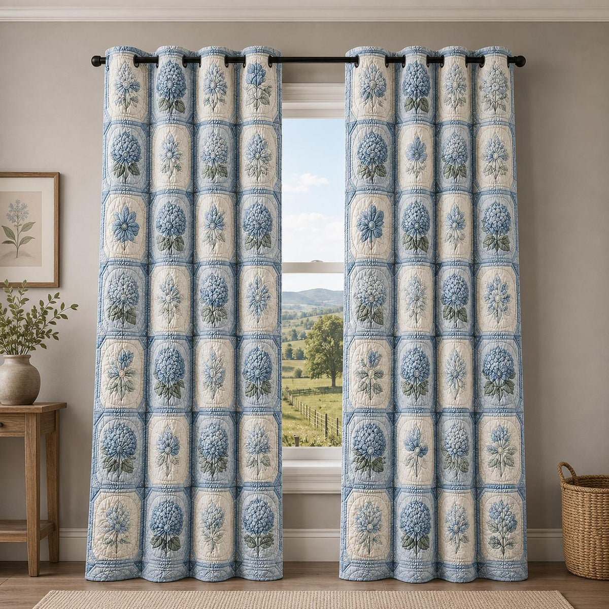 Blue Hydrangea Patchwork Quilted Curtains VVCLD04
