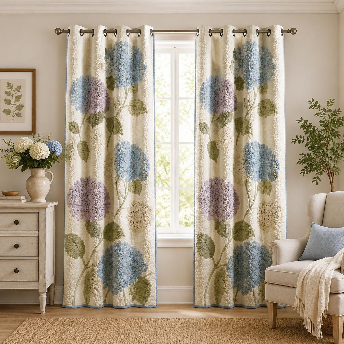Hydrangea Floral Tufted Quilted Curtains VVCLD06