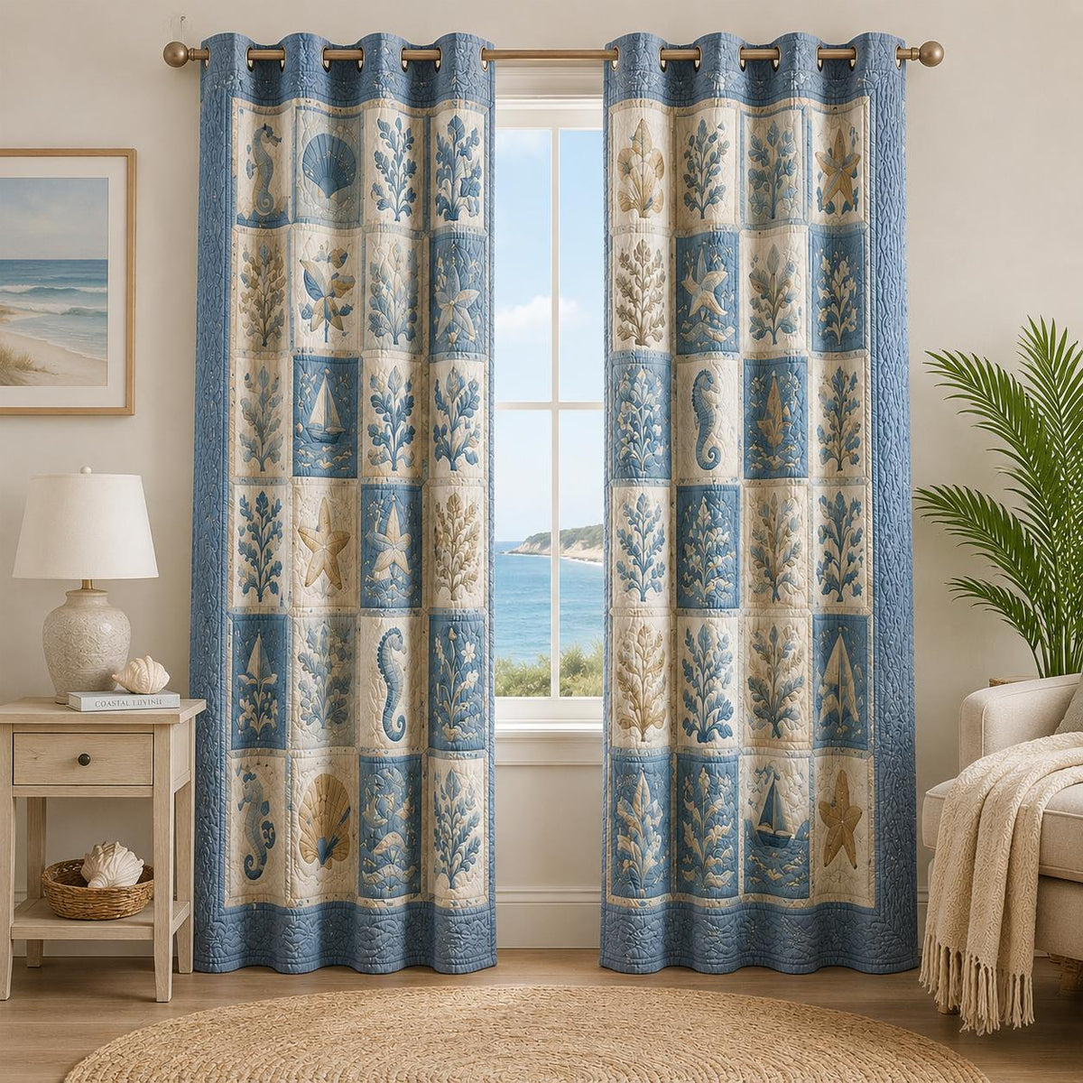 Coastal Ocean Patchwork Quilted Curtains VVCLD08