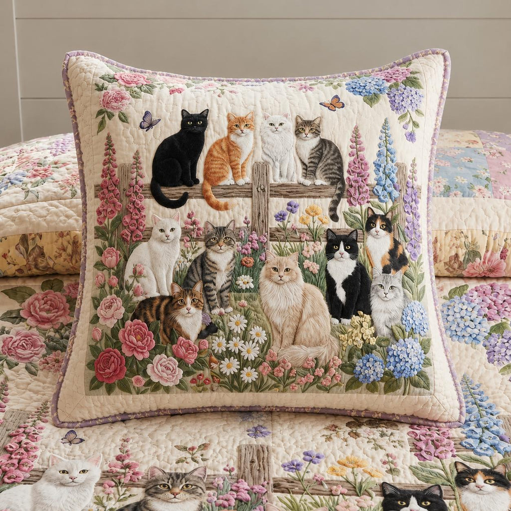 Floral Cat Quilted Pillow Cover VVCLD09