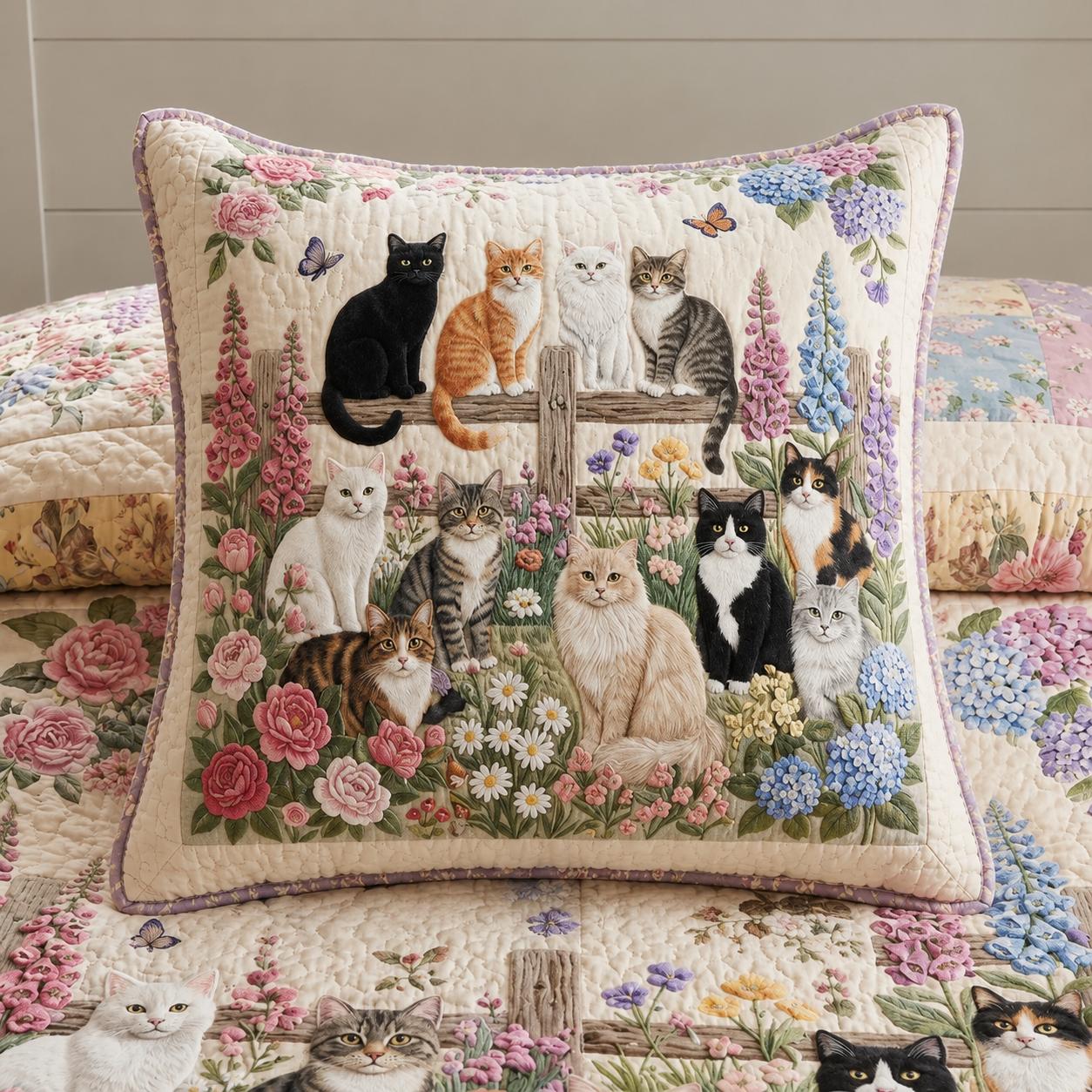 Floral Cat Quilted Pillow Cover VVCLD09
