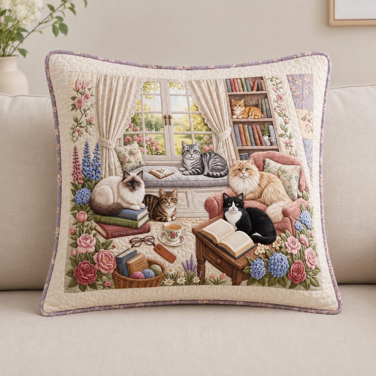 Cozy Cat & Book Lover Quilted Pillow Cover VVCLD10