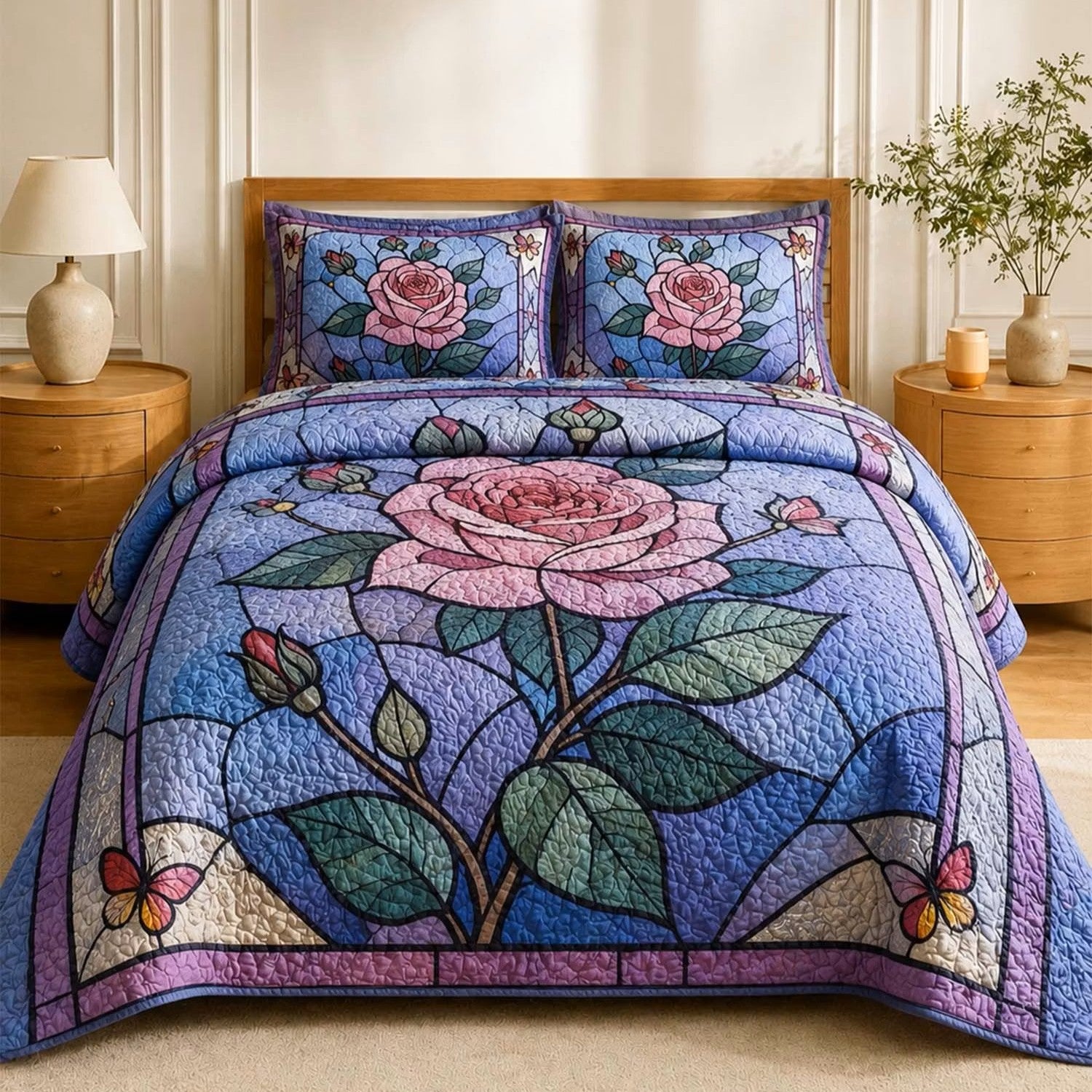 Stained Glass Rose Quilted Bedding Set VVCLD01